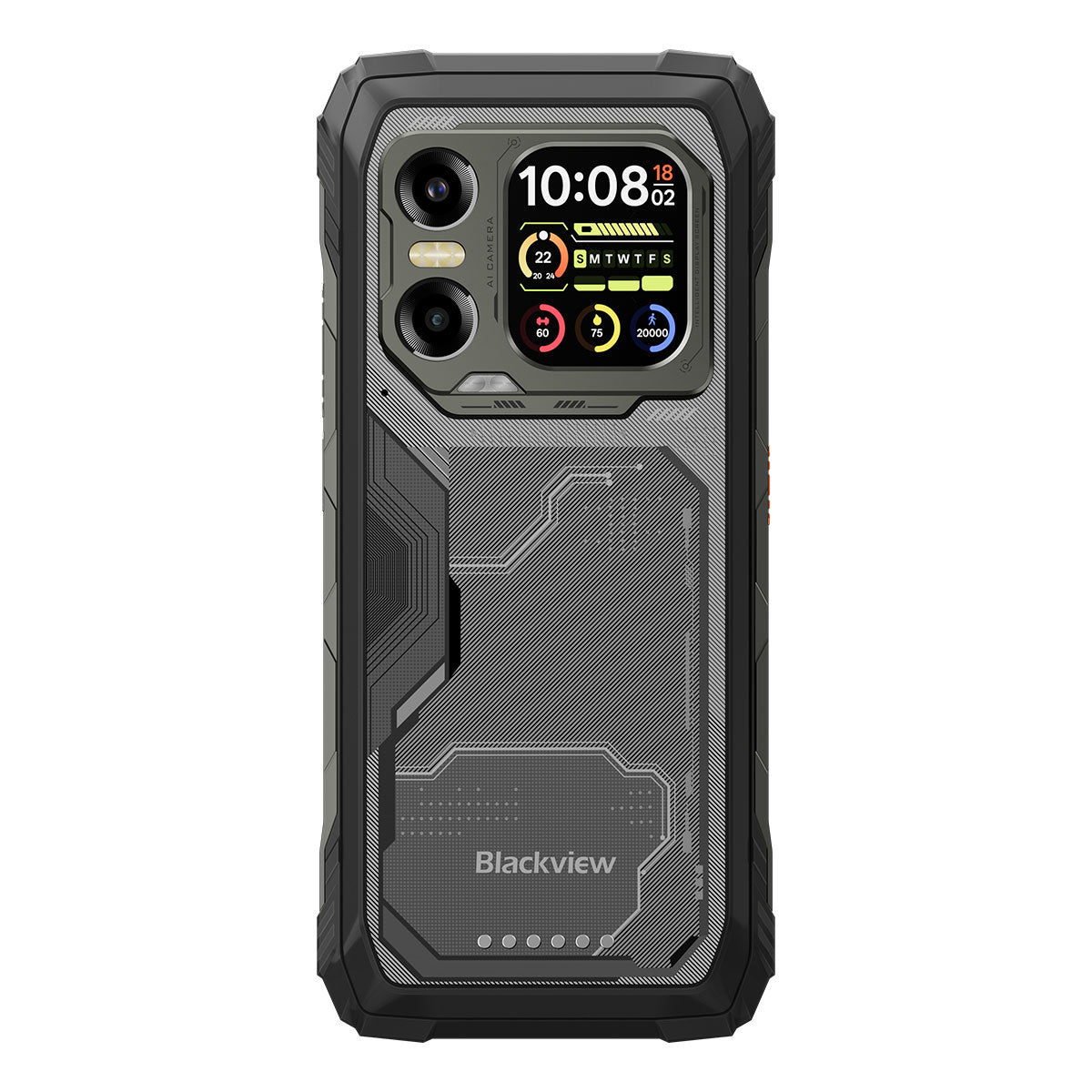 Rückseite des Rugged Phones im Carbon-Look mit markantem Triple-Kamera-Modul, Infrarot-Nachtsicht-Sensor und integriertem Zweitdisplay.
