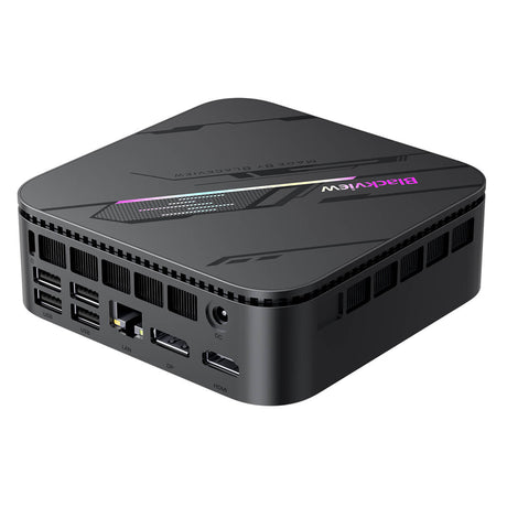 Blackview MP100 Mini PC – Rückansicht, LAN-Port, zwei USB-Ports, DisplayPort, HDMI-Anschluss und Strombuchse im Überblick
