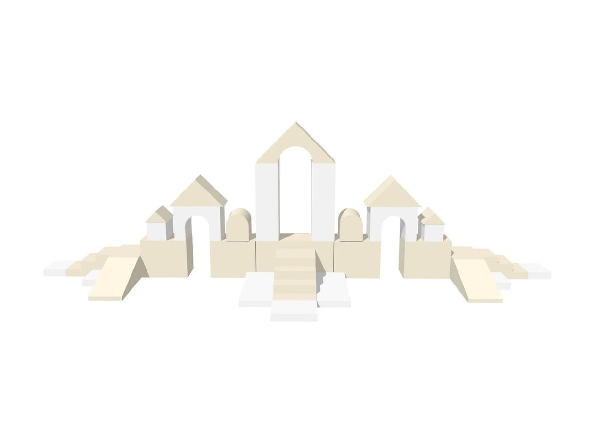 Modulares Architekturmodell in neutralen Farben mit verschiedenen Formen und Ebenen