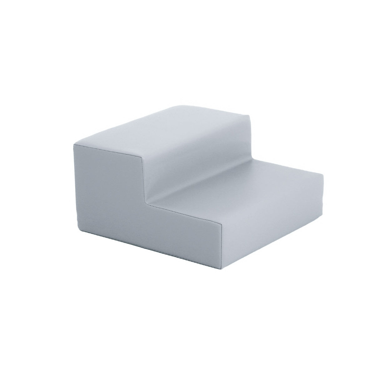 Graue, gepolsterte Sitzgelegenheit mit abgerundeten Kanten und niedriger Rückenlehne