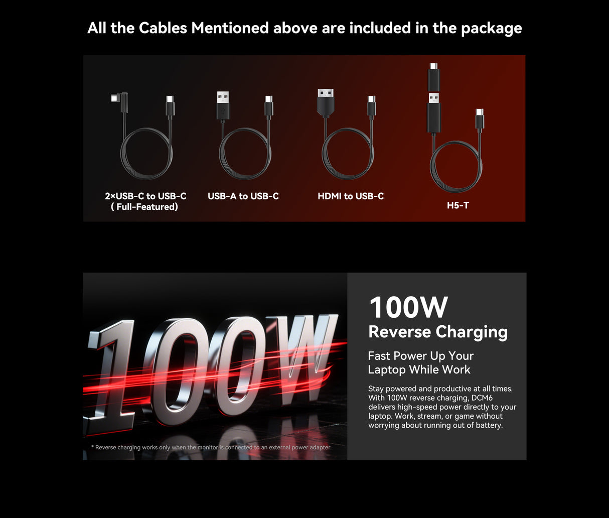 Visualisierung der Power-Funktion: Das Blackview Dual-Screen Setup wird über ein externes Netzteil betrieben und leitet bis zu 100W Strom direkt an den angeschlossenen Laptop weiter (Pass-Through Charging).