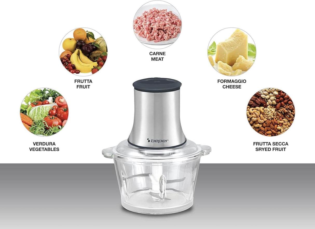 Beper P102ROB001 Glas-Zerkleinerer 1,5 L, 500 W Küchenhäcksler, Universalmixer, Edelstahl-Klingen, 2 Geschwindigkeiten, rutschfeste Basis, Lebensmittel zerkleinern