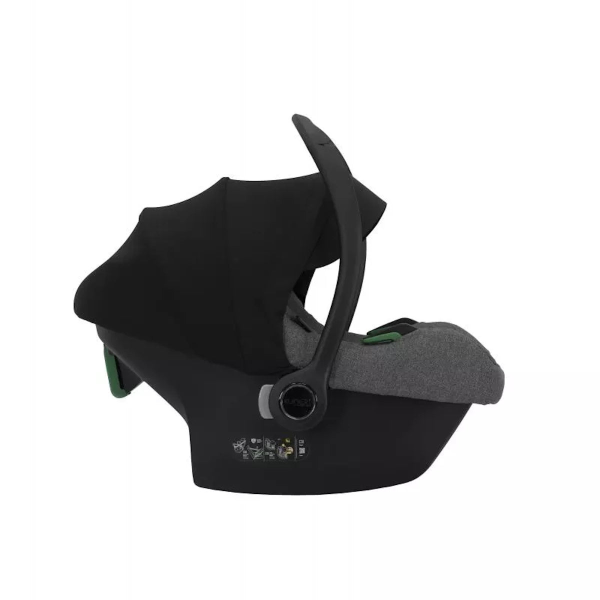 Seitenansicht eines modernen Kinderautositzes in Grau.