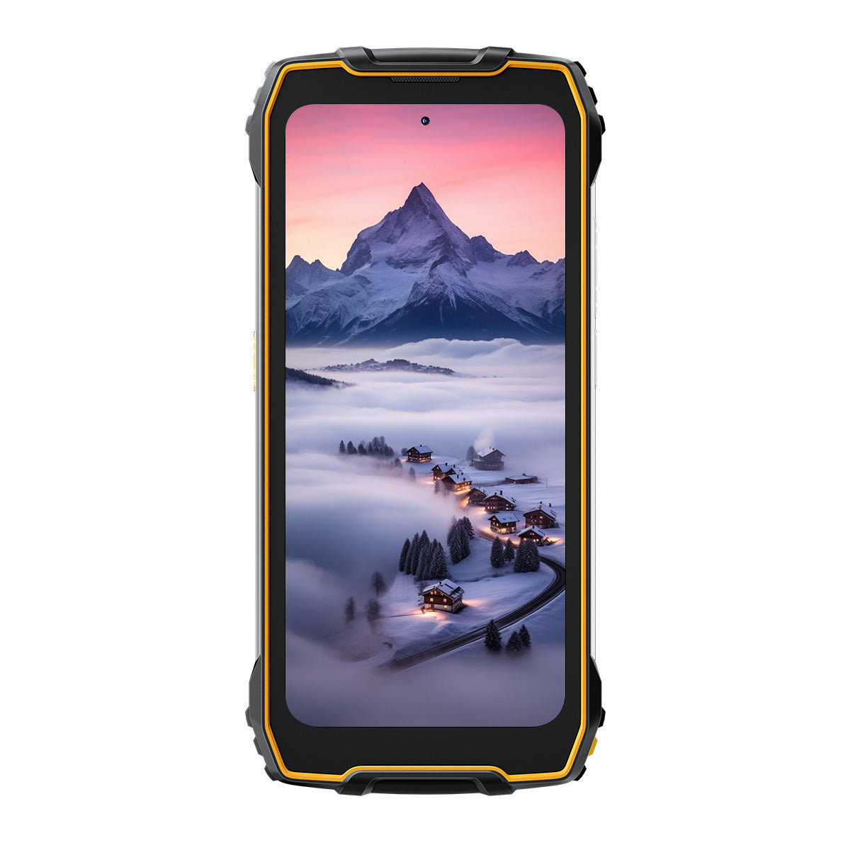 Blackview BV7300 Yellow Rugged Smartphone, Frontansicht mit leuchtendem Display