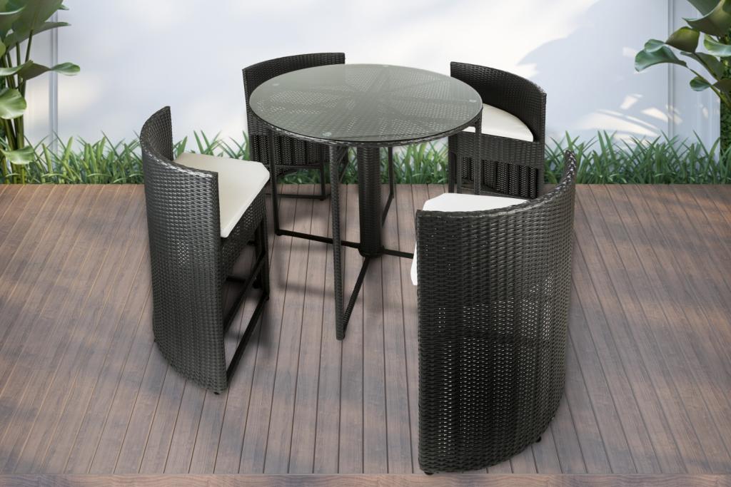 PureHaven Bar-Set 100x110 cm wetterbeständiges Polyrattan elegantes Design für bis zu 4 Personen inkl. Sitzauflagen Tisch mit Glasplatte grau