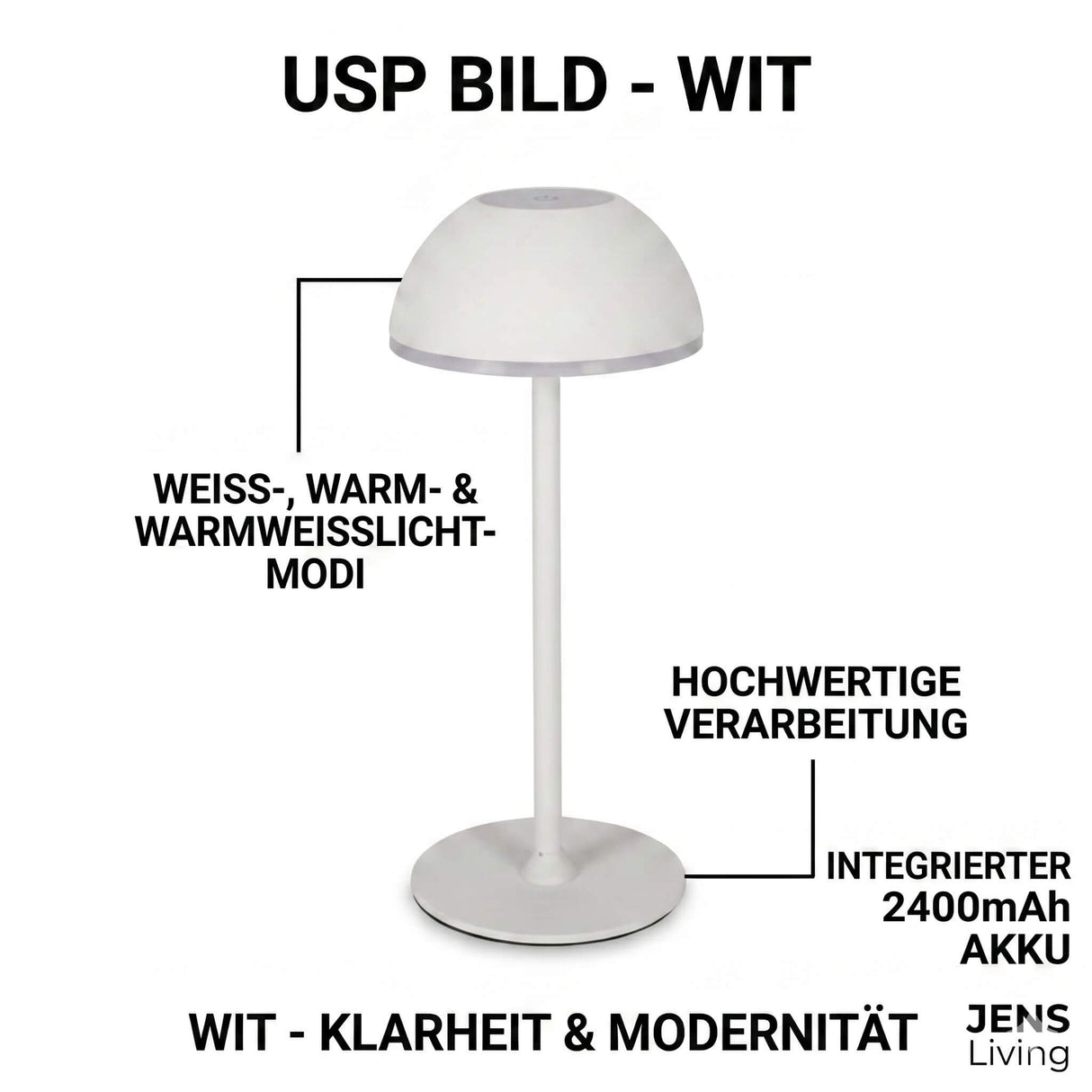 USP der Jens Living LED Tischlampe in Weiss