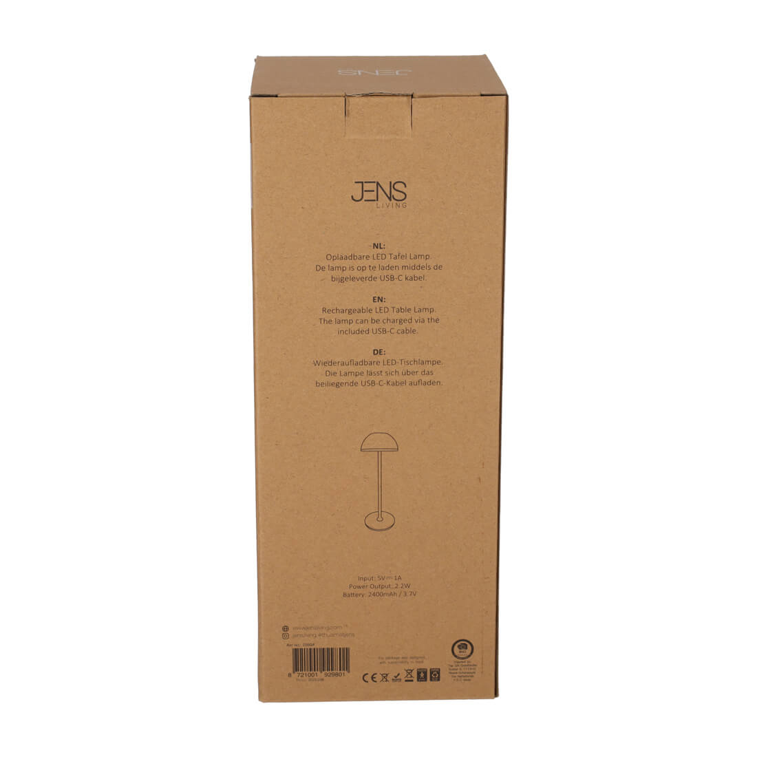 Rückseite der OVP der Jens Living LED Tischlampe in Weiss