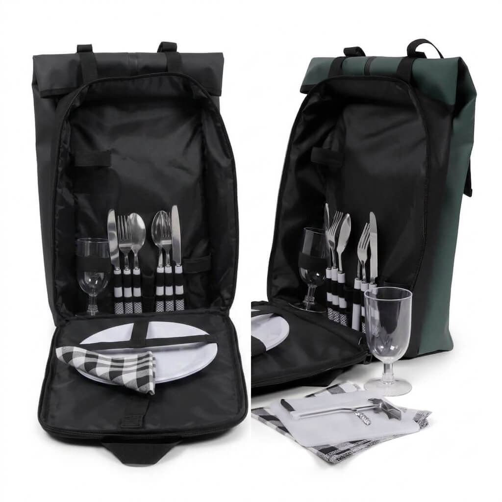 Beide Farben und aufgeklappt mit Inhalt des Norländer Picknick Rucksacks