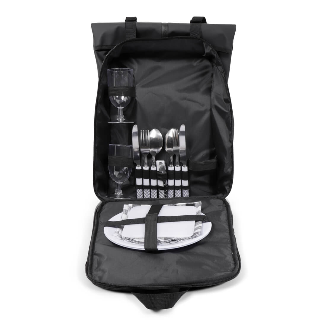 Norländer Picknick Rucksack in Schwarz Frontal mit offenem Fach