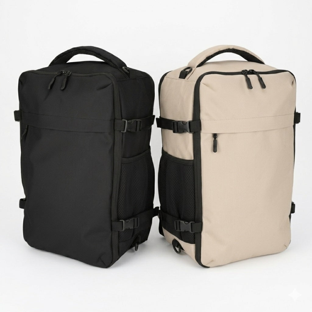 Produktfoto der Norländer S.G. RPET 2.0 Handgepäck Rucksäcke in Beige und Schwarz nebeneinander auf weißem Hintergrund
