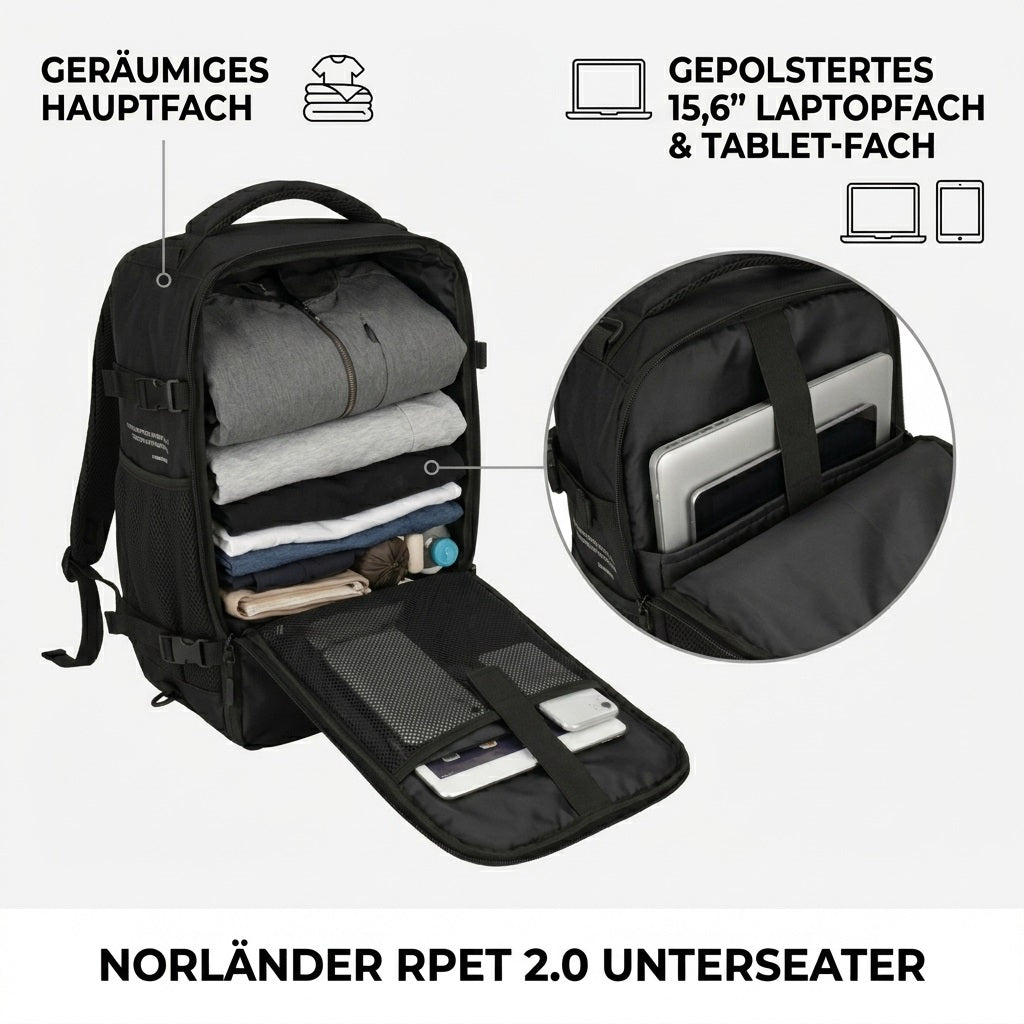 Nahaufnahme des schwarzen Norländer Simply Green RPET 2.0 Handgepäck Rucksacks aus einer Drei-Viertel-Perspektive auf weißem Hintergrund