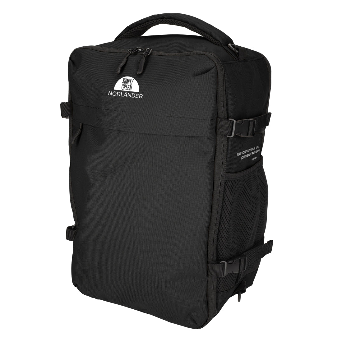 Infografik des schwarzen Norländer Rucksacks, die das Multi-Way Tragesystem zeigt: die Rückansicht mit Rucksackträgern, ein Detail des Trolley-Bands und den separaten Umhängegurt