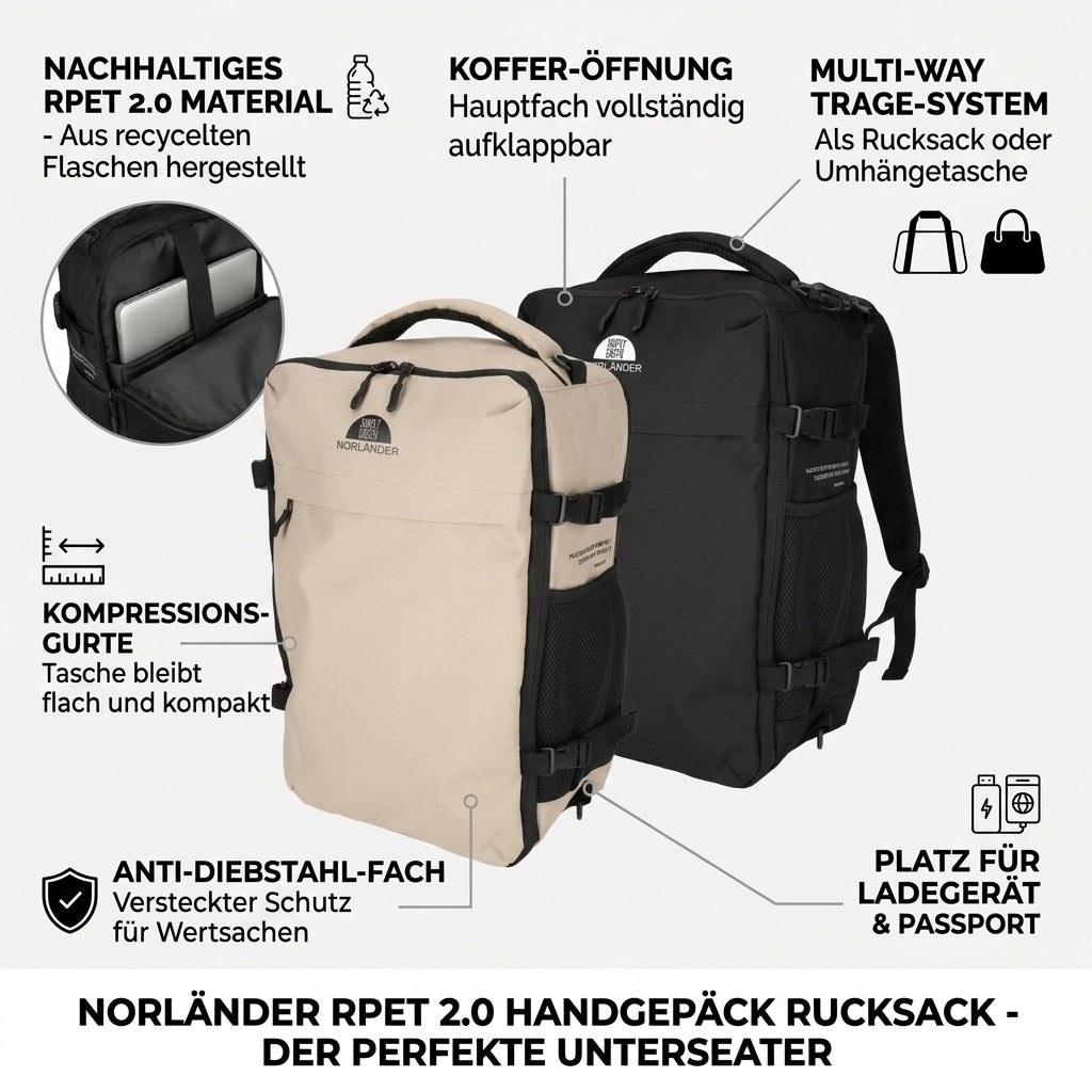 Infografik der Norländer S.G. RPET 2.0 Rucksäcke in Schwarz und Beige mit deutschen Text-Highlight-Boxen zu Funktionen wie nachhaltigem RPET-Material, Koffer-Öffnung, Multi-Way Tragesystem, Kompressionsgurten und Anti-Diebstahl-Fach.