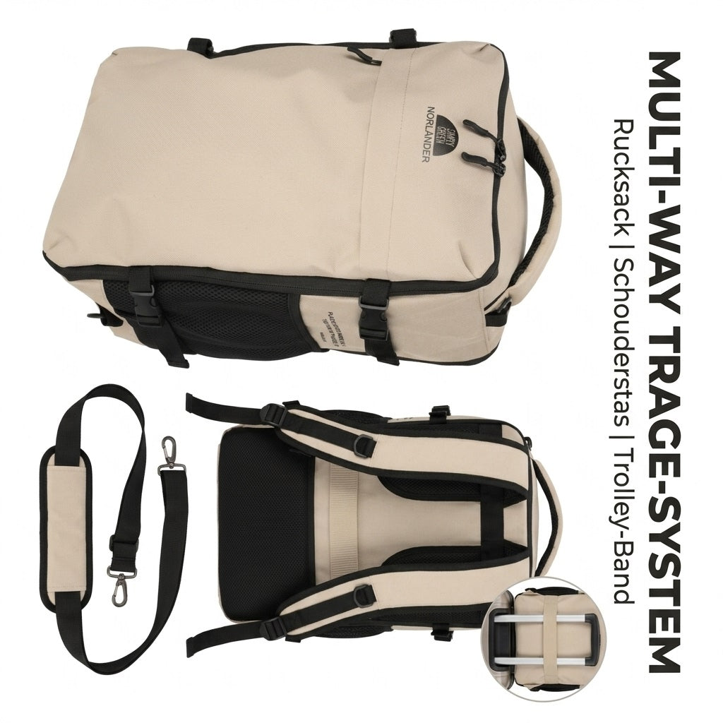 Infografik des beigen Norländer Rucksacks, die das Multi-Way Tragesystem zeigt: die Rückansicht mit Rucksackträgern, ein Detail des Trolley-Bands und den separaten Umhängegurt