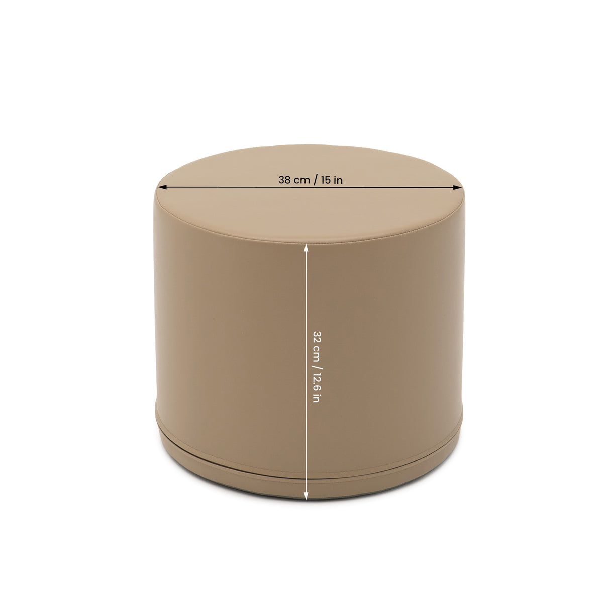Runder Hocker in Beige mit abgerundeten Kanten und Maßen