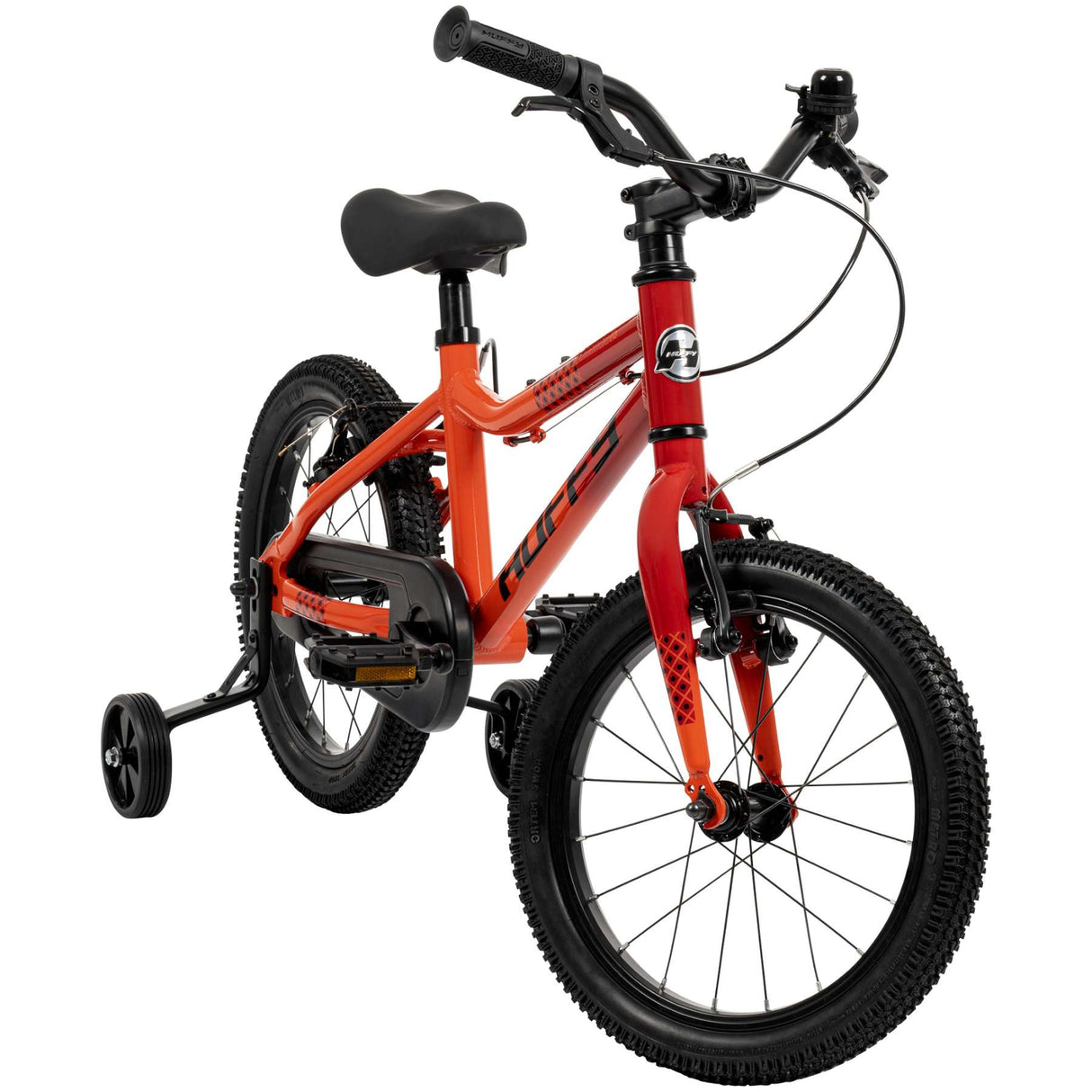 Kinderfahrrad in Orange mit Stützrädern und schwarzem Sattel
