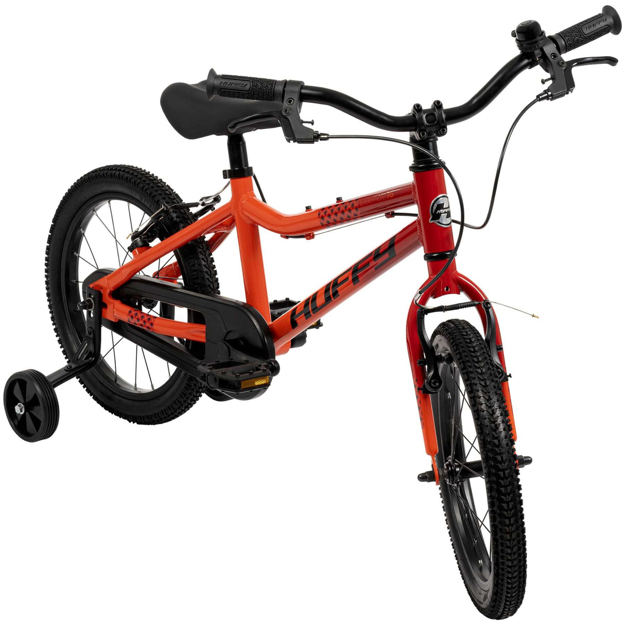 Kinderfahrrad in Orange und Schwarz mit Stützrädern und groben Reifen