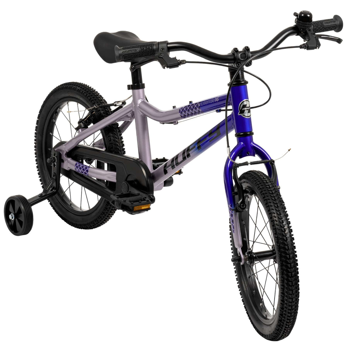 Kinderfahrrad in lila und blau mit Stützrädern und groben Reifen