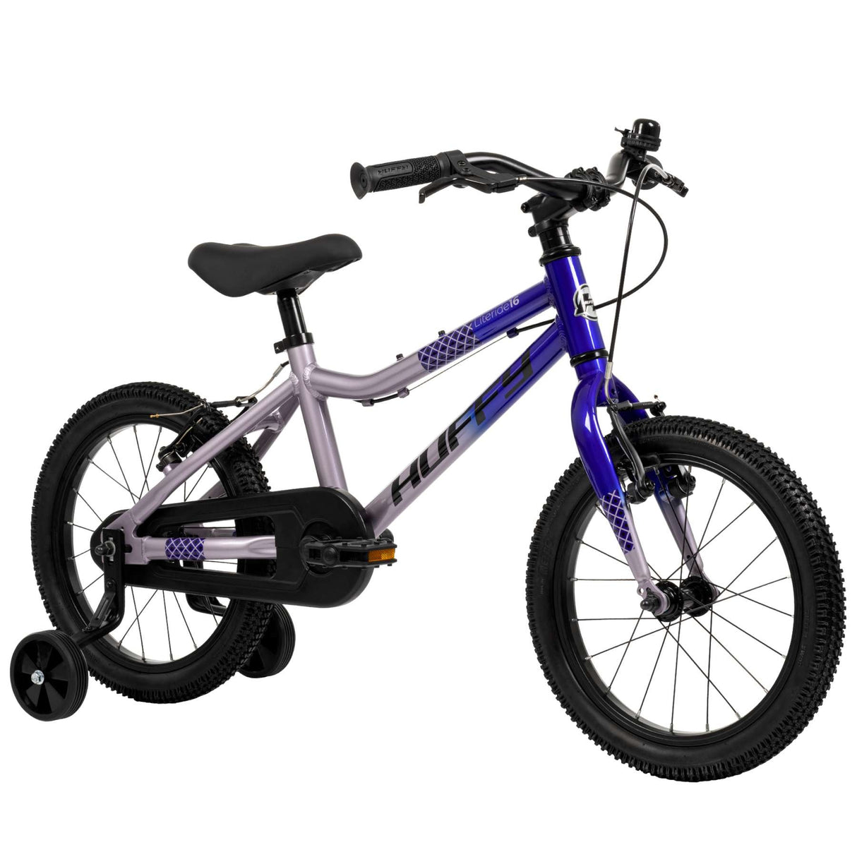 Kinderfahrrad mit 16-Zoll-Rädern in lila und blau mit Stützrädern
