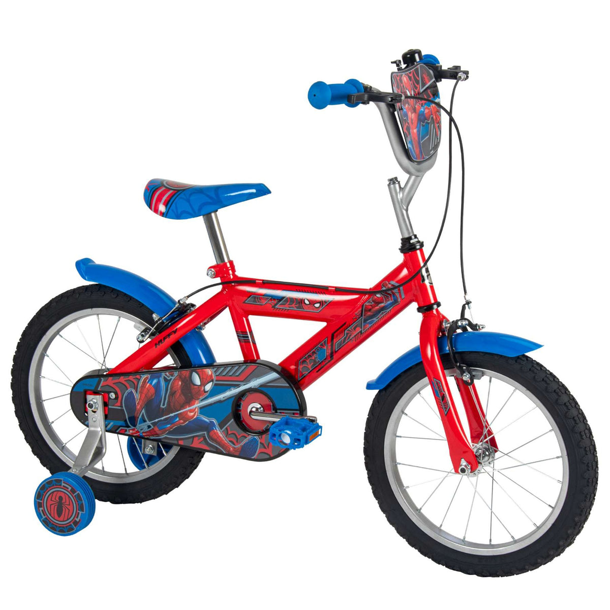 Volare Spider-Man Kinderfahrrad 16 Zoll Rot-Blau mit zwei Handbremsen und Stützrädern