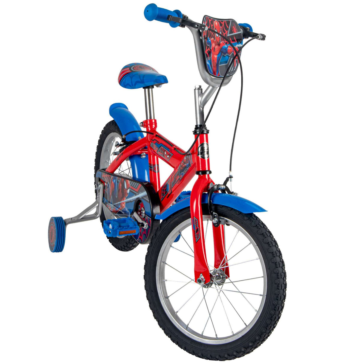 Volare Spider-Man Kinderfahrrad 16 Zoll Rot-Blau mit zwei Handbremsen und Stützrädern