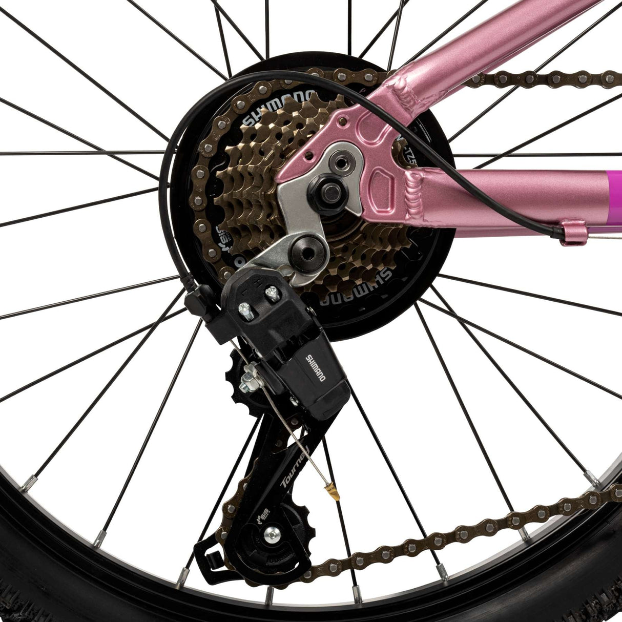 Rosa Fahrradrahmen mit Shimano Schaltwerk und Kettenblatt im Fokus
