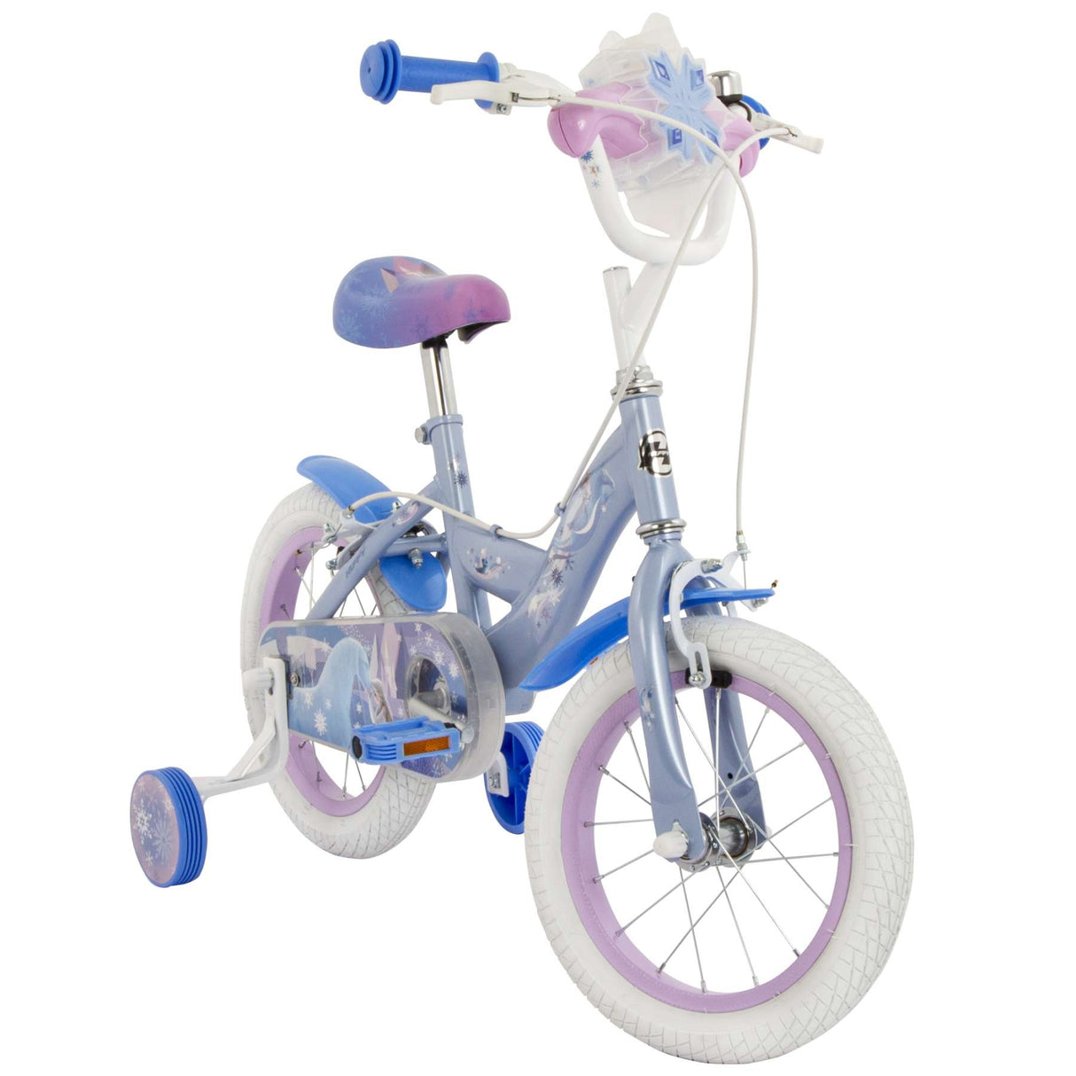 Kinderfahrrad in Blau und Lila mit Stützrädern und buntem Sattel