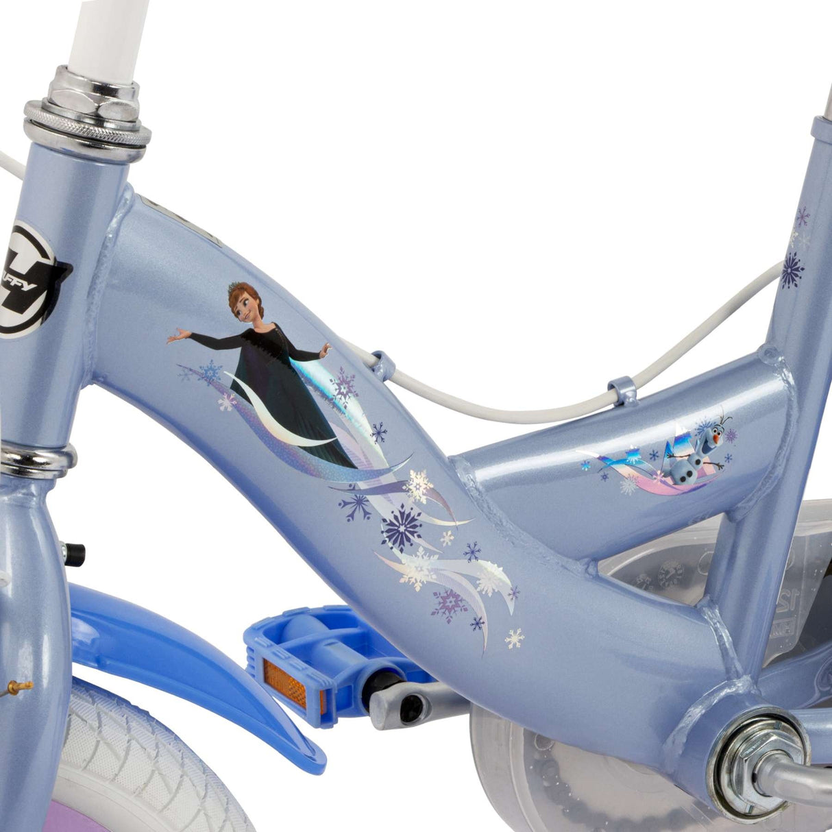 Blaue Fahrradrahmen mit Disney-Motiv von einer Prinzessin und Schneeflocken