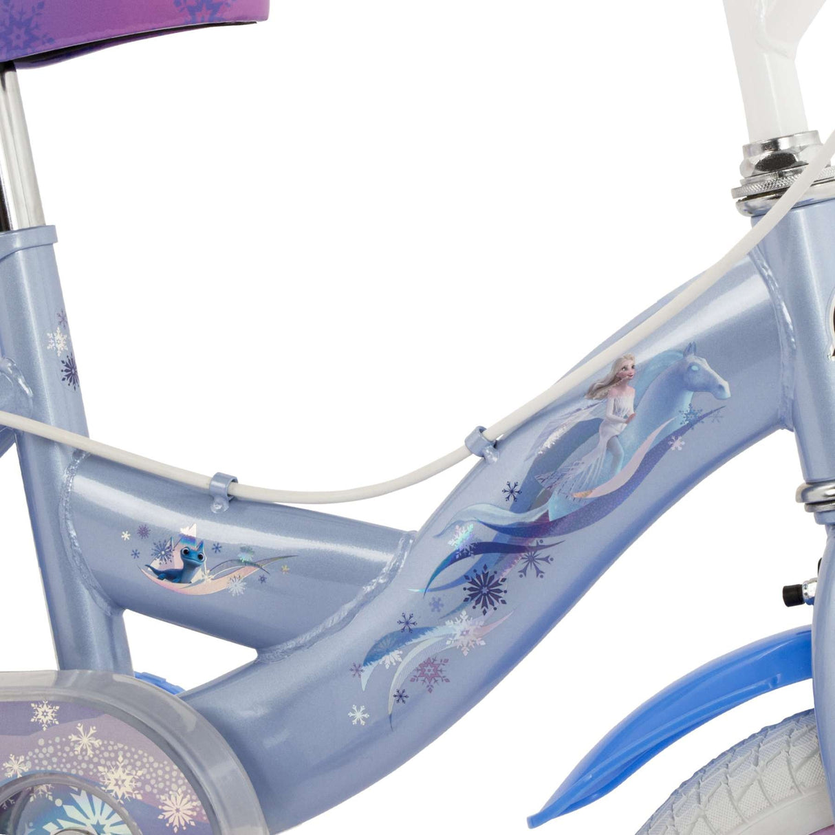 Blaue Kinderfahrradrahmen mit Frozen-Motiv und glitzernden Schneeflocken