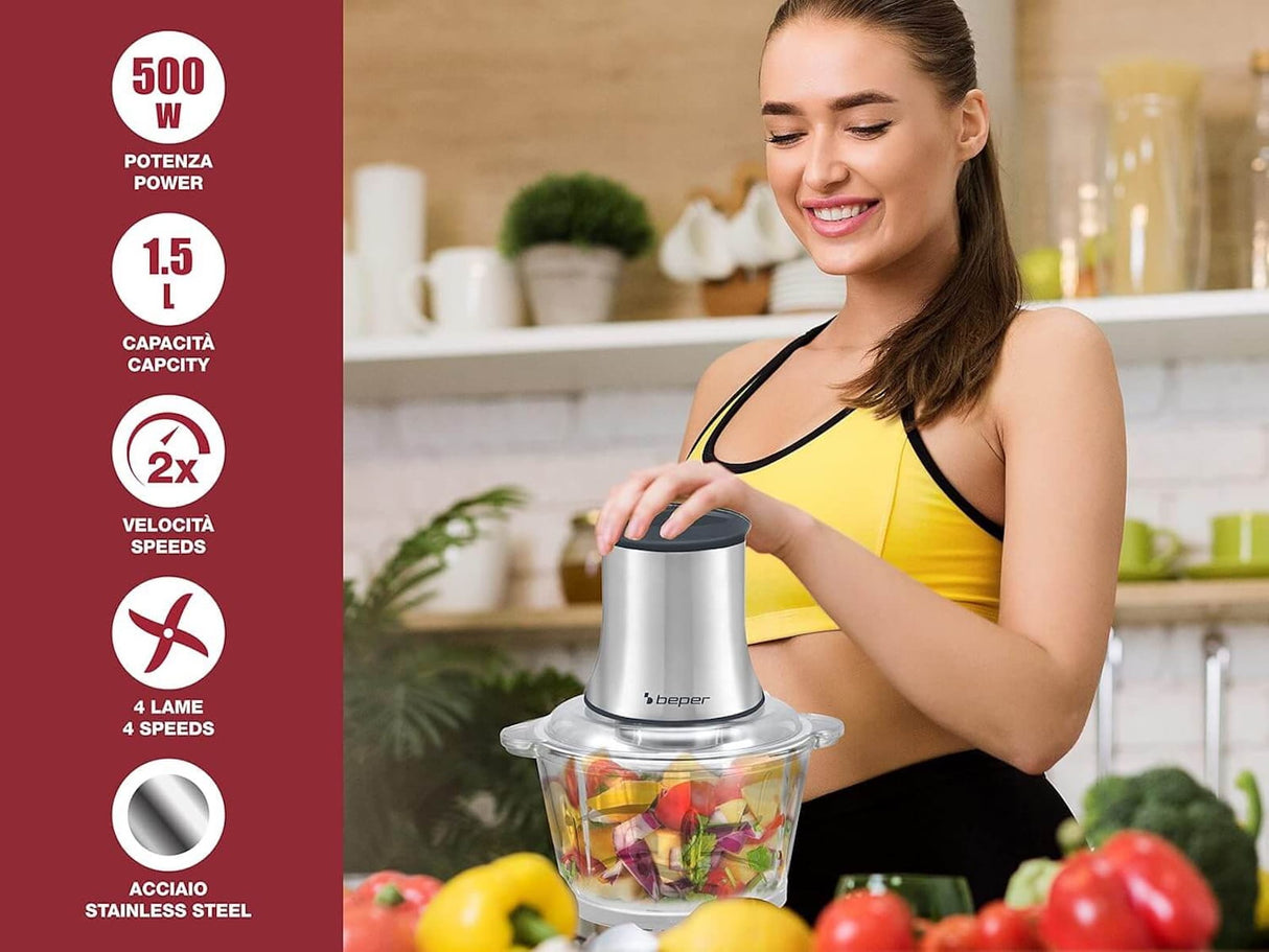 Beper P102ROB001 Glas-Zerkleinerer 1,5 L, 500 W Küchenhäcksler, Universalmixer, Edelstahl-Klingen, 2 Geschwindigkeiten, rutschfeste Basis, Lebensmittel zerkleinern