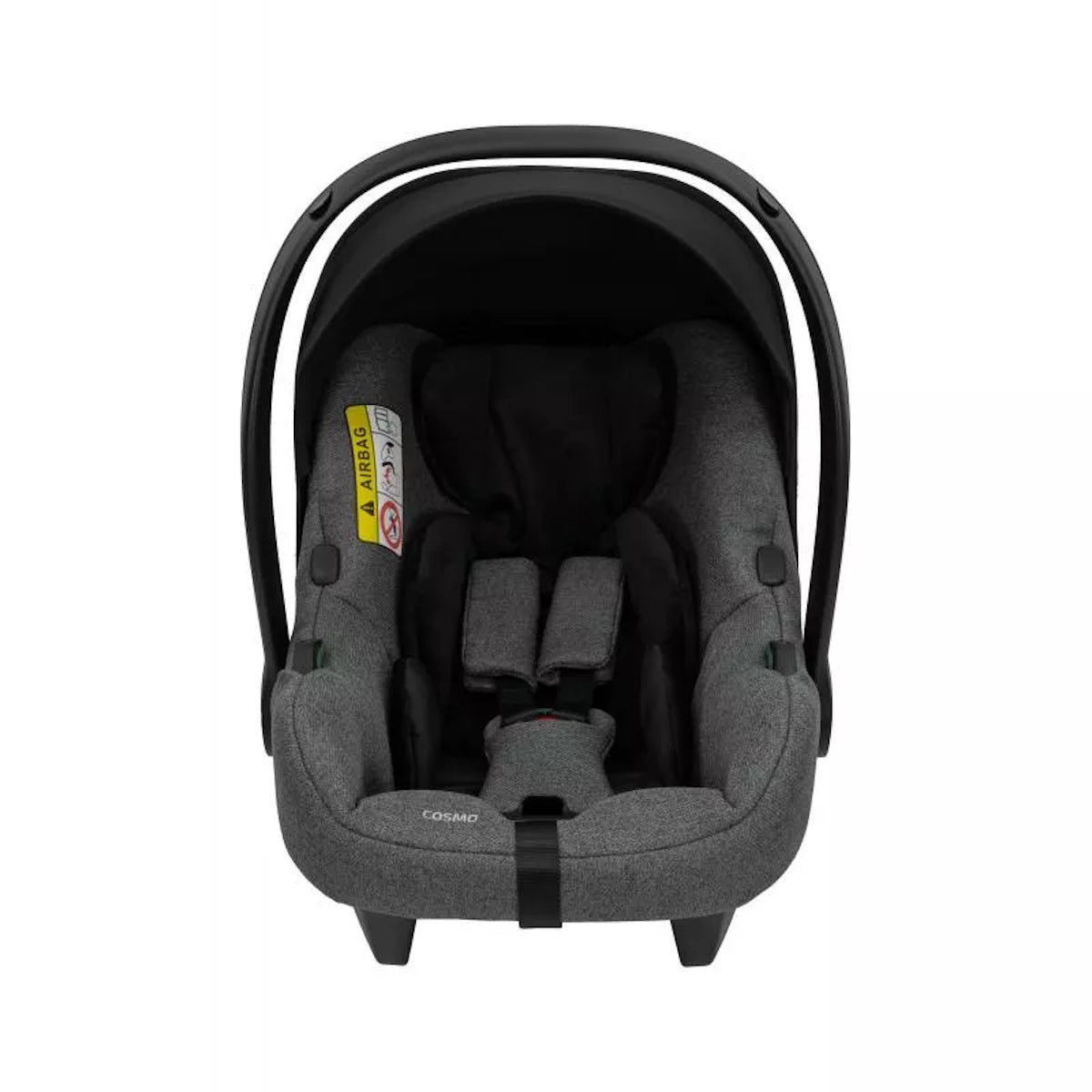 Frontalansicht eines modernen Kinderautositzes in Grau.