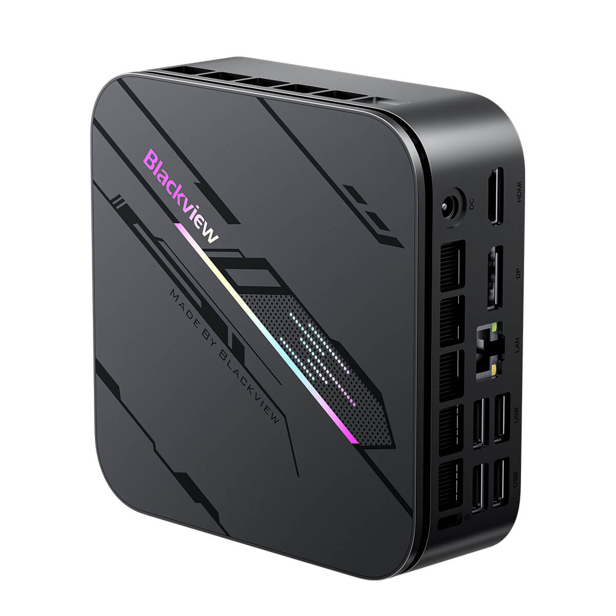 Blackview MP100 Mini PC – Seitlich aufgestellt mit Sicht auf die Oberseite und Rueckseite mit USB, LAN und HDMI Ports