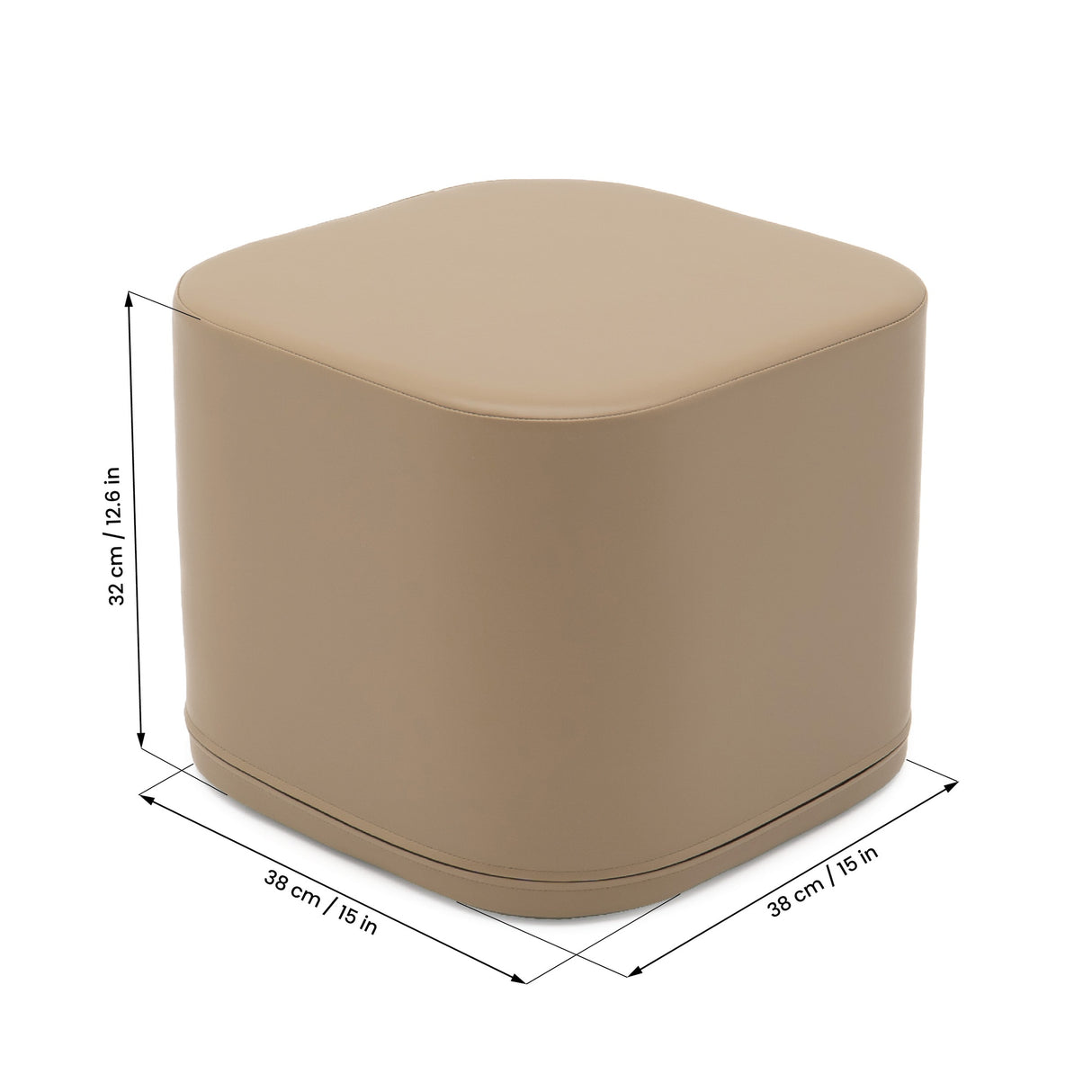Beiger, quadratischer Hocker mit abgerundeten Kanten und Maßangaben