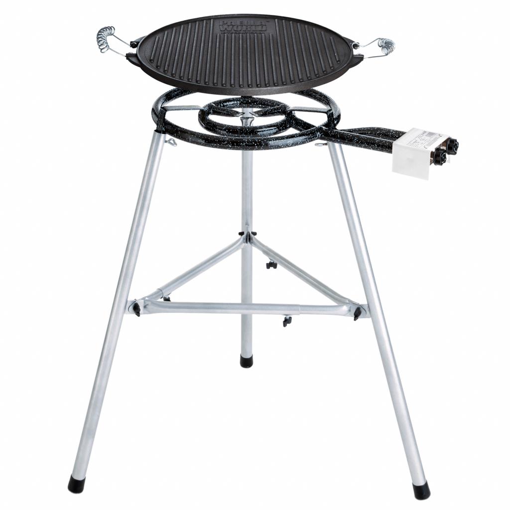 Hochwertiges Paella-Grill-Set 1 mit Gusseisen-Grillplatte Ø 38 cm: 2-Ring Paella-Gasbrenner, stabiler Dreibein-Ständer, höhenverstellbar