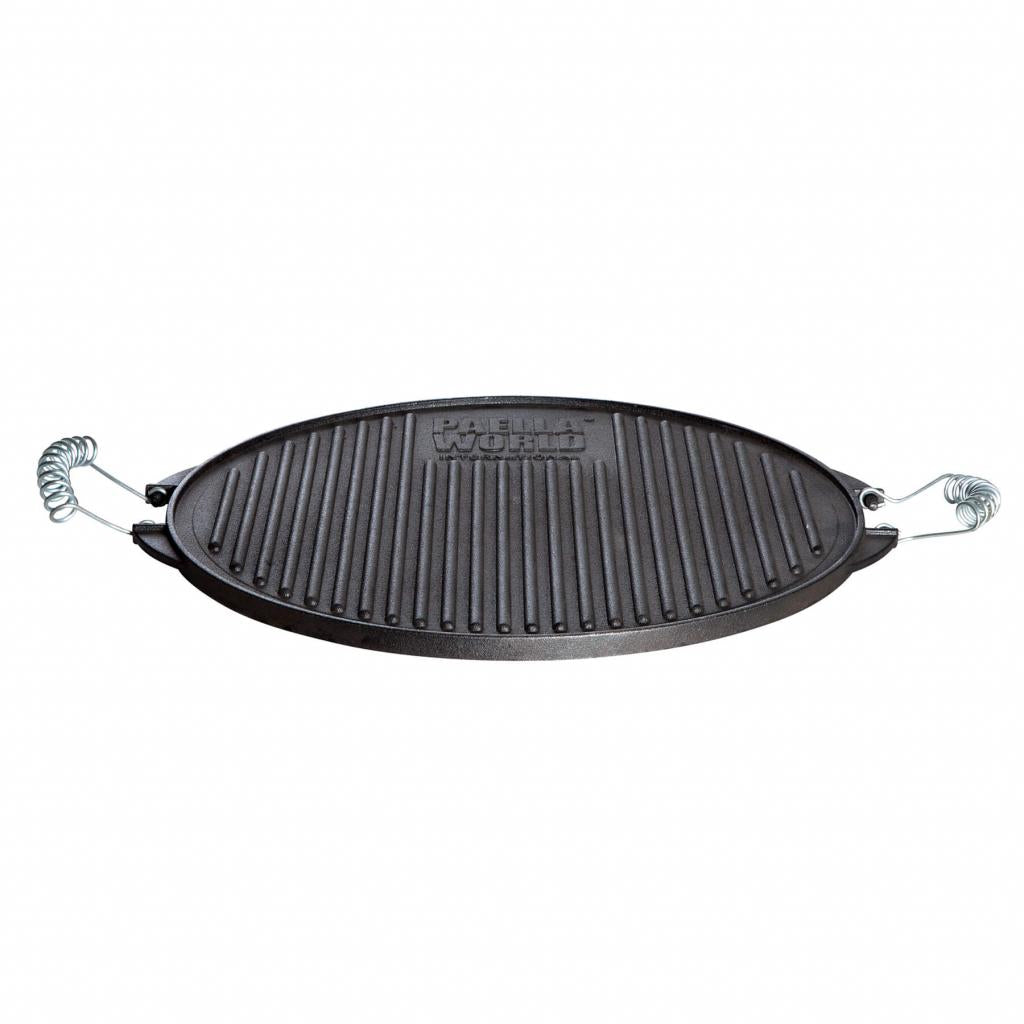 Hochwertiges Paella-Grill-Set 1 mit Gusseisen-Grillplatte Ø 38 cm: 2-Ring Paella-Gasbrenner, stabiler Dreibein-Ständer, höhenverstellbar