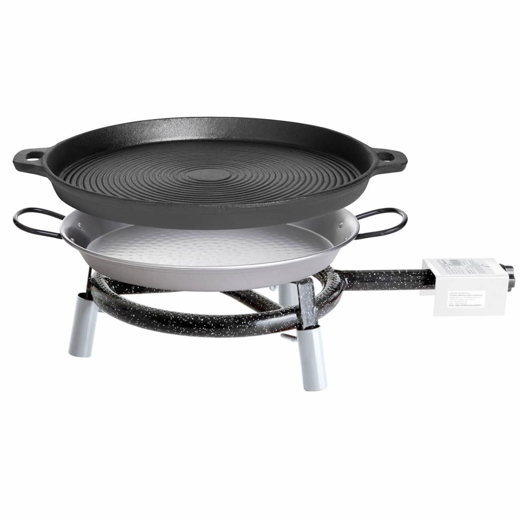 Hochwertiges Outdoor-Kochset: Gusseisenpfanne, Stahlpfanne, 1-Ring-Brenner, Dreibein-Ständer, inkl. Zubehör