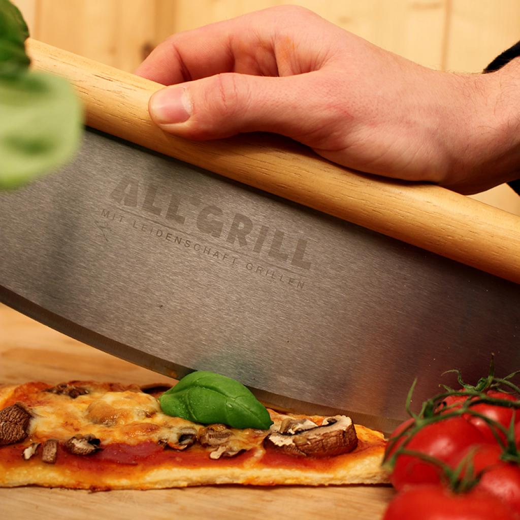 ALL'GRILL Pizzaschneider-Wiegemesser 35 cm Edelstahlklinge für sicheres und müheloses Zerteilen von Pizza und Flammkuchen