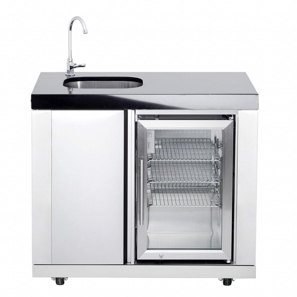 Modulares Anbauwaschbecken/Kühlschrankkombination mit hochwertigem CASO Kühlschrank - 96 x 58 x 90 cm, 119 kg, blau beleuchtet