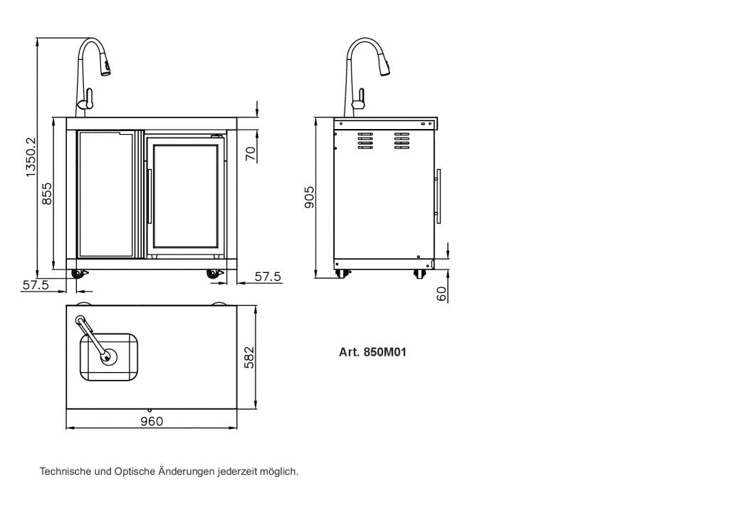 Modulares Anbauwaschbecken/Kühlschrankkombination mit hochwertigem CASO Kühlschrank - 96 x 58 x 90 cm, 119 kg, blau beleuchtet