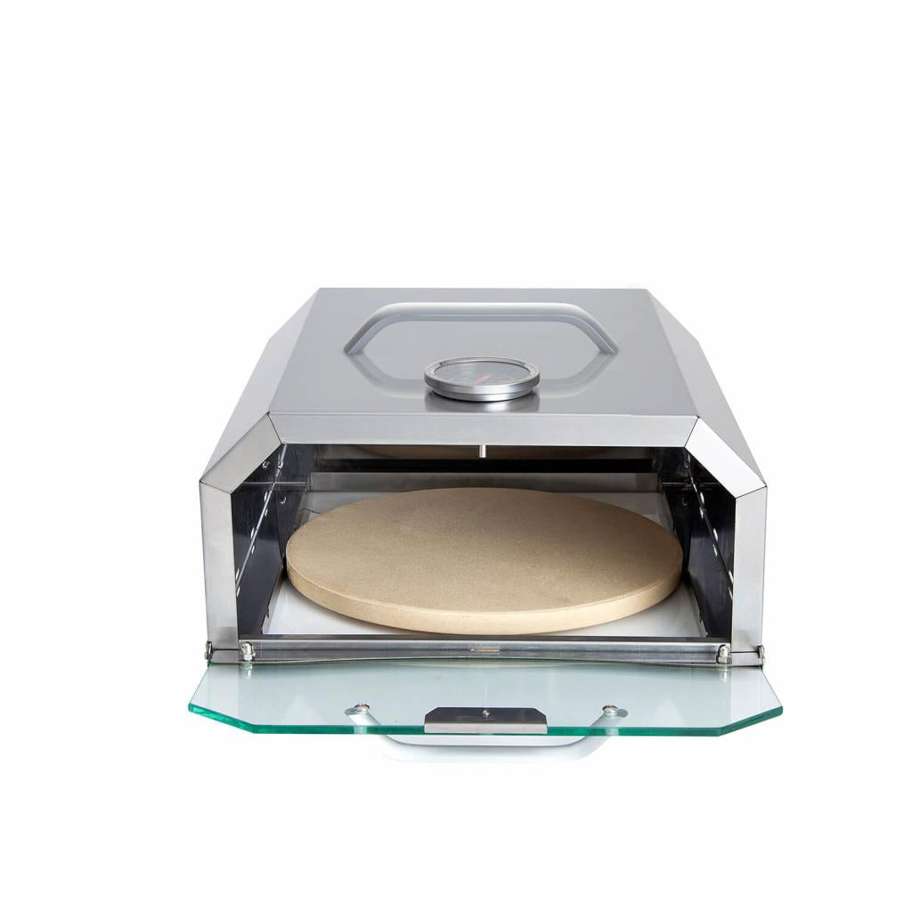 ALL'GRILL Pizzaboxx® eckig aus Edelstahl für Gas-Grillmodelle mit Seitenkochfeld - inkl. Pizzastein und Temperaturanzeige - Abmessung 32x37x16 cm