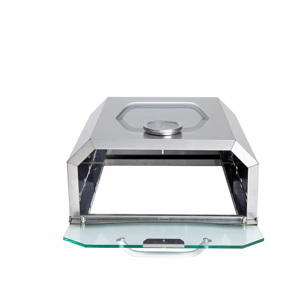 ALL'GRILL Pizzaboxx® eckig aus Edelstahl für Gas-Grillmodelle mit Seitenkochfeld - inkl. Pizzastein und Temperaturanzeige - Abmessung 32x37x16 cm