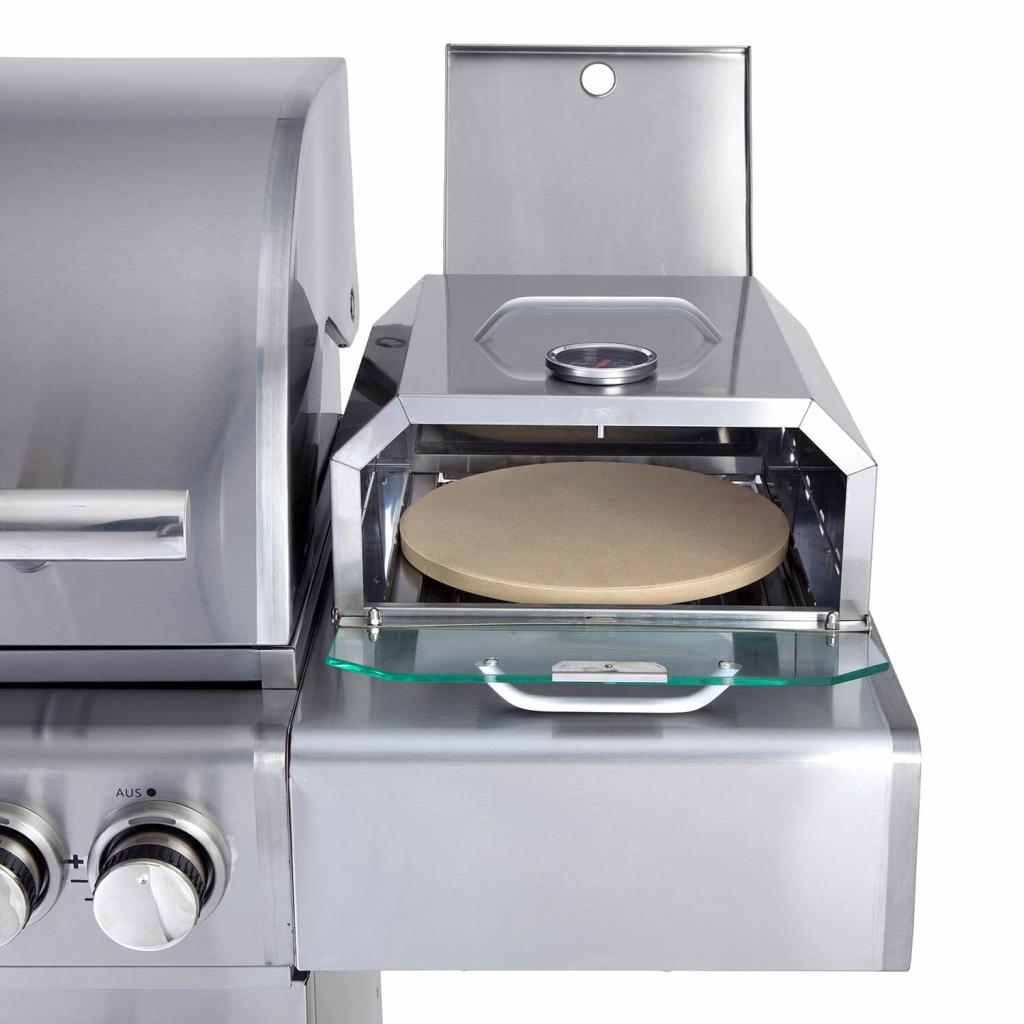 ALL'GRILL Pizzaboxx® eckig aus Edelstahl für Gas-Grillmodelle mit Seitenkochfeld - inkl. Pizzastein und Temperaturanzeige - Abmessung 32x37x16 cm