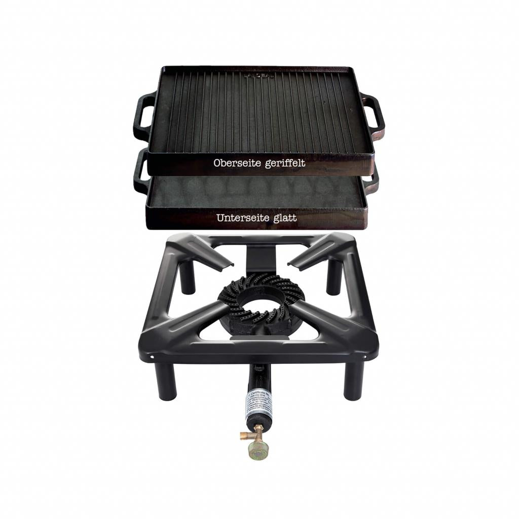 Leichter Hockerkocher 4,0 KW mit Gussgrillplatte 32x32 cm - Camping und Profikocher - Komplettpaket