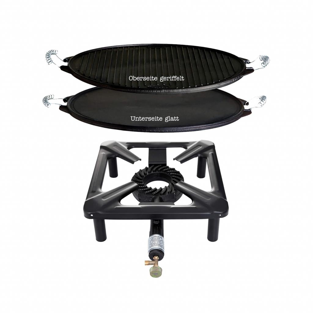 Hockerkocher-Set (klein) mit Gusseisen-Grillplatte Ø 38 cm - ideal für Camping und Freizeit