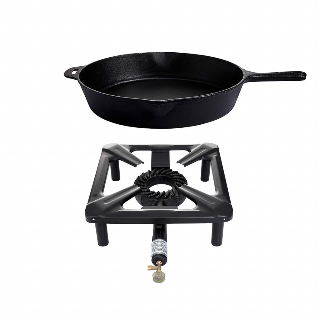 Hockerkocher-Set (klein) 30 x 30 cm mit Gusseisenpfanne Ø 39 cm ohne Zündsicherung - ideal für Camping und Freizeit, höhenverstellbar
