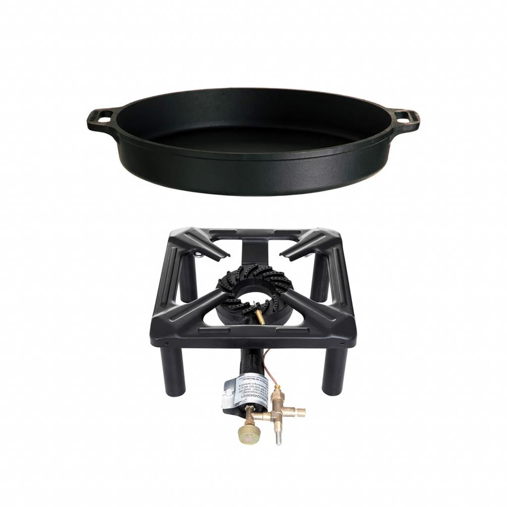 Hockerkocher-Set, groß, mit Zündsicherung und Gusspfanne: Leistungsstarker Hockerkocher 40x40 cm, 7,0 kW, für Geschirre ab Ø 20 cm, robust und kompakt