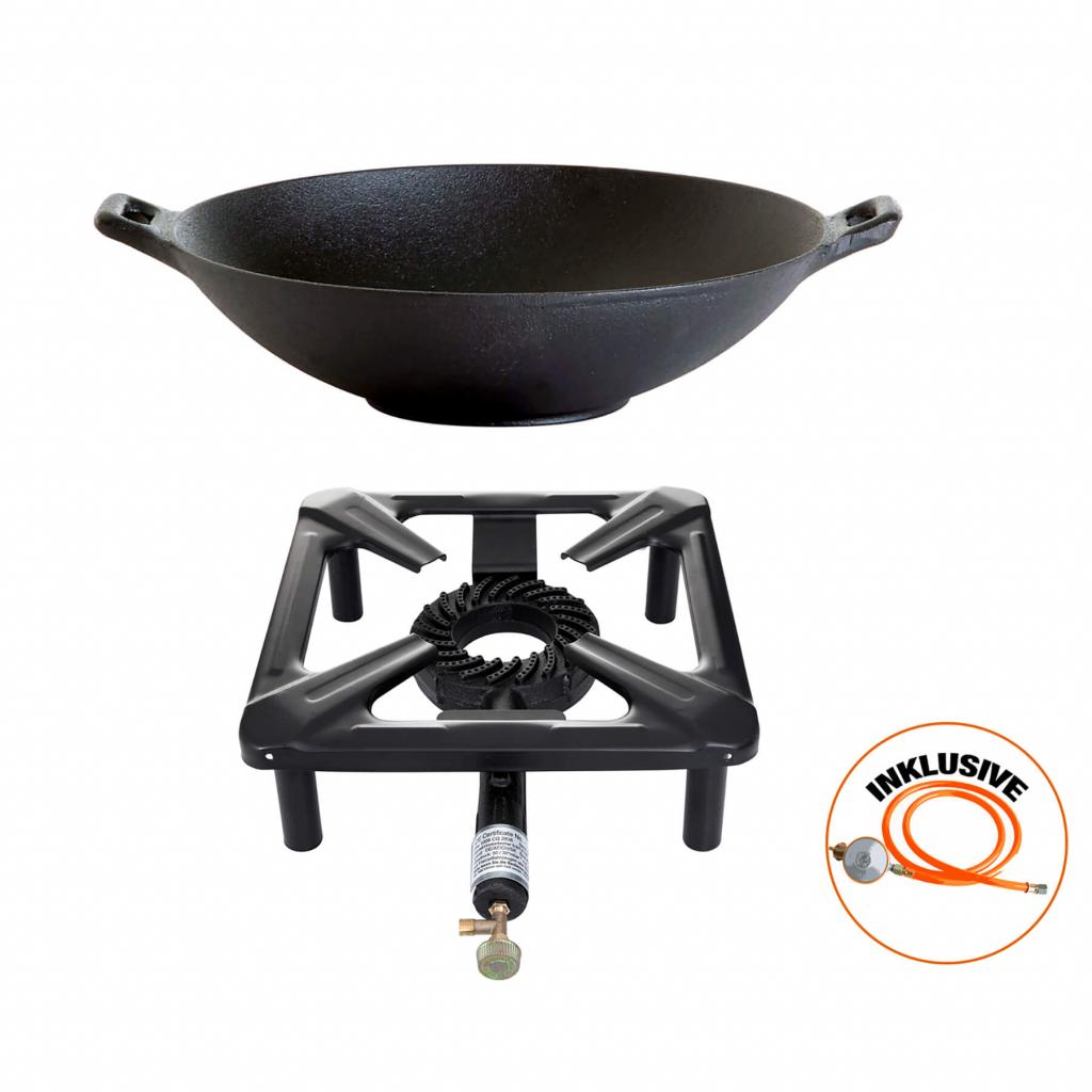 Hockerkocher-Set (groß) mit Gusseisen-Wok Ø 37 cm inkl. Gasschlauch & Regler, ideal für Camping und Profiköche