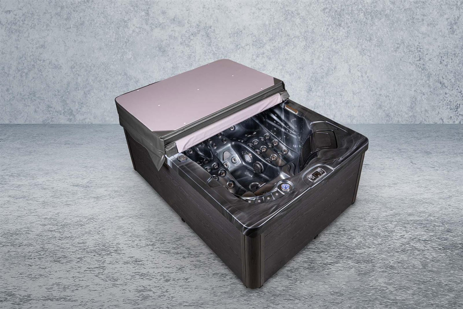 PureHaven American Outdoor-Whirlpool 220x156 cm für 3 Personen mit 77 Wasserdüsen und 10 Luftdüsen Thermoabdeckung LEDs Farbe PEARL Shadow Grey