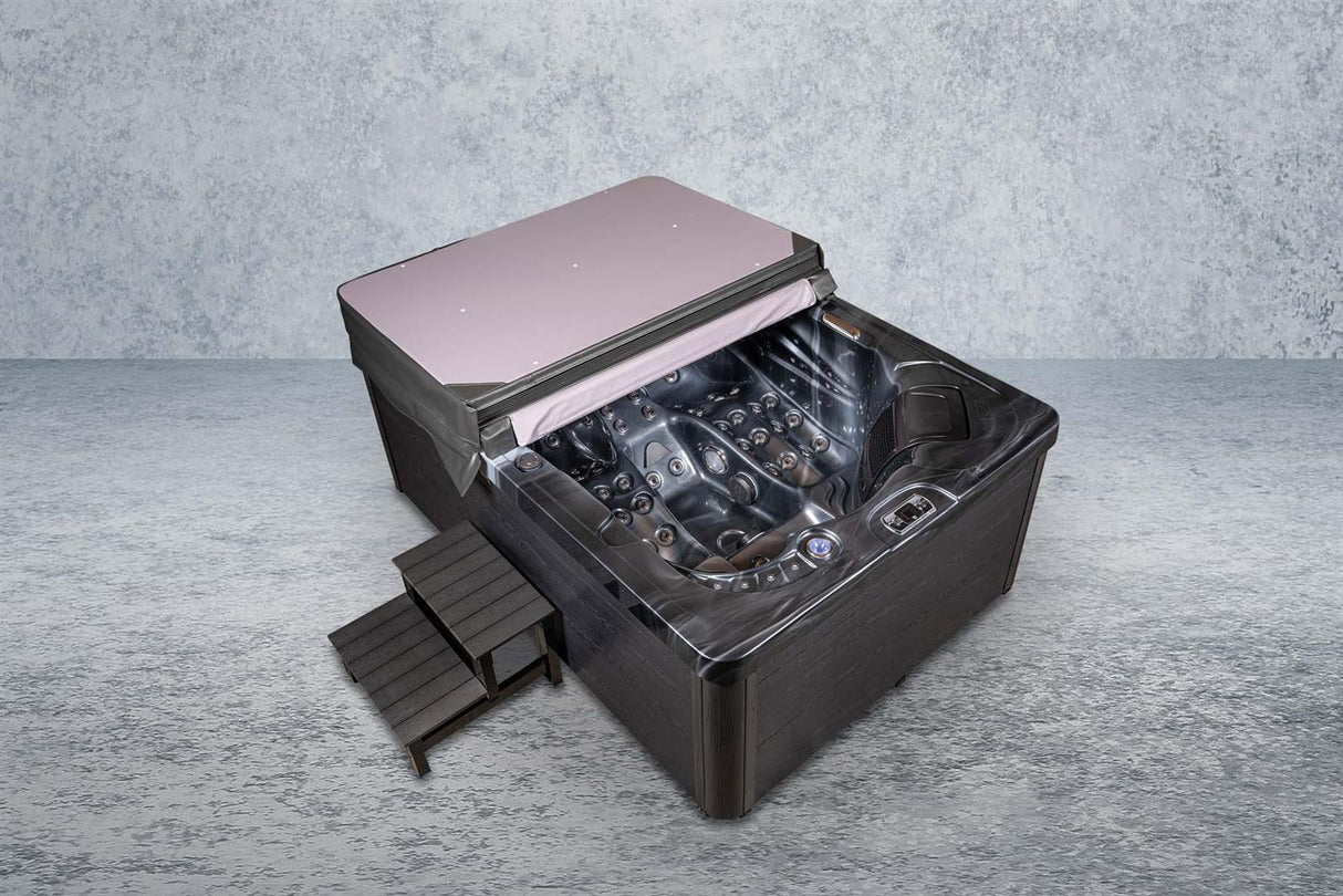 PureHaven American Outdoor-Whirlpool 220x156 cm für 3 Personen mit 77 Wasserdüsen und 10 Luftdüsen Thermoabdeckung LEDs Farbe PEARL Shadow Grey