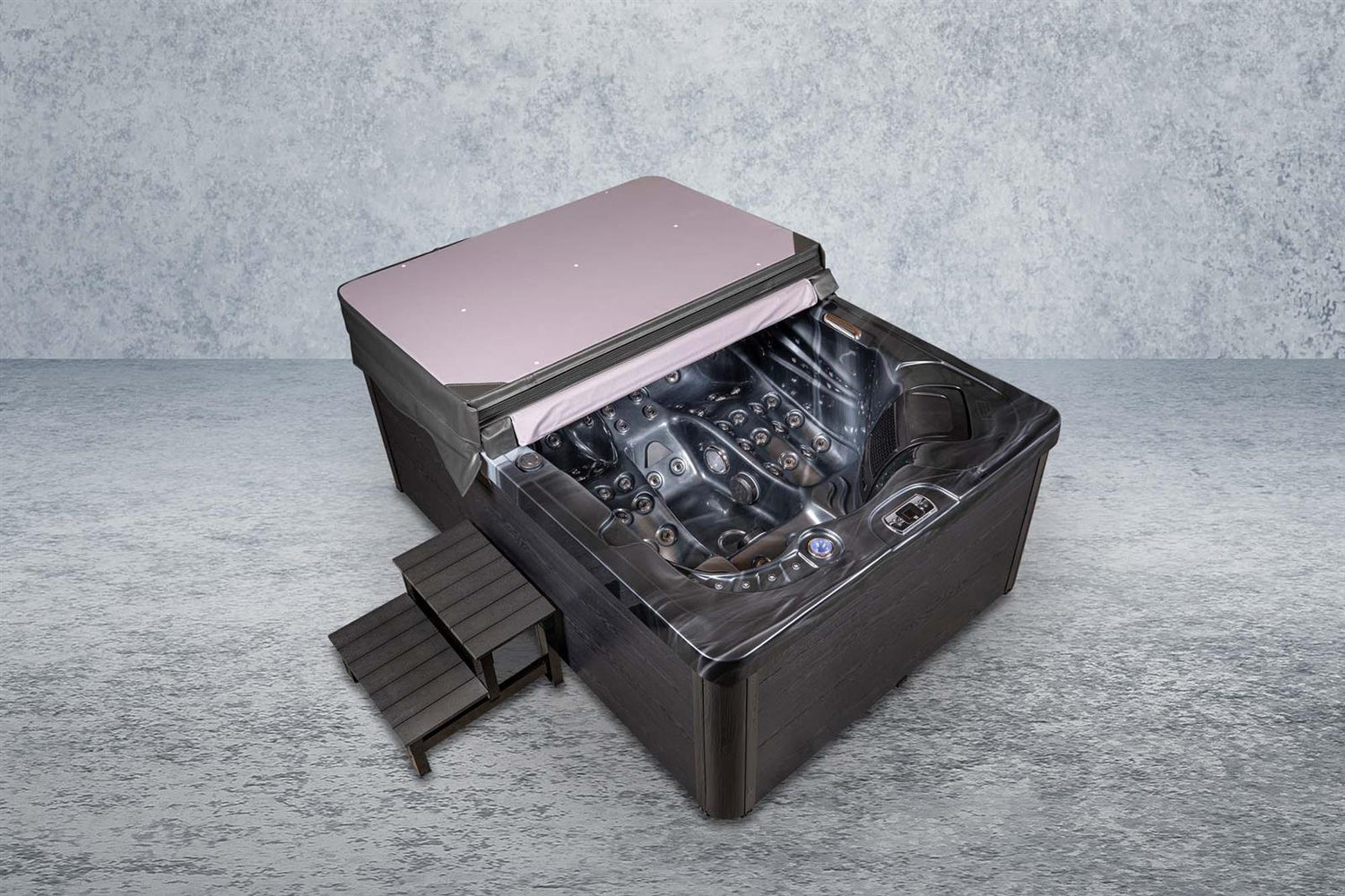 PureHaven American Outdoor-Whirlpool 220x156 cm für 3 Personen mit 77 Wasserdüsen und 10 Luftdüsen Thermoabdeckung LEDs Farbe PEARL Shadow Grey